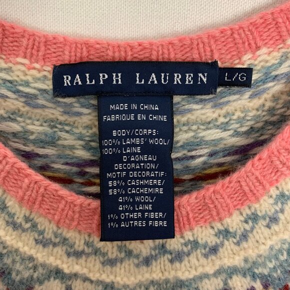 Ralph Lauren Fair Isle Lambs Wool Cashmere Pink Sweater Women's Large - Picture 3 of 10